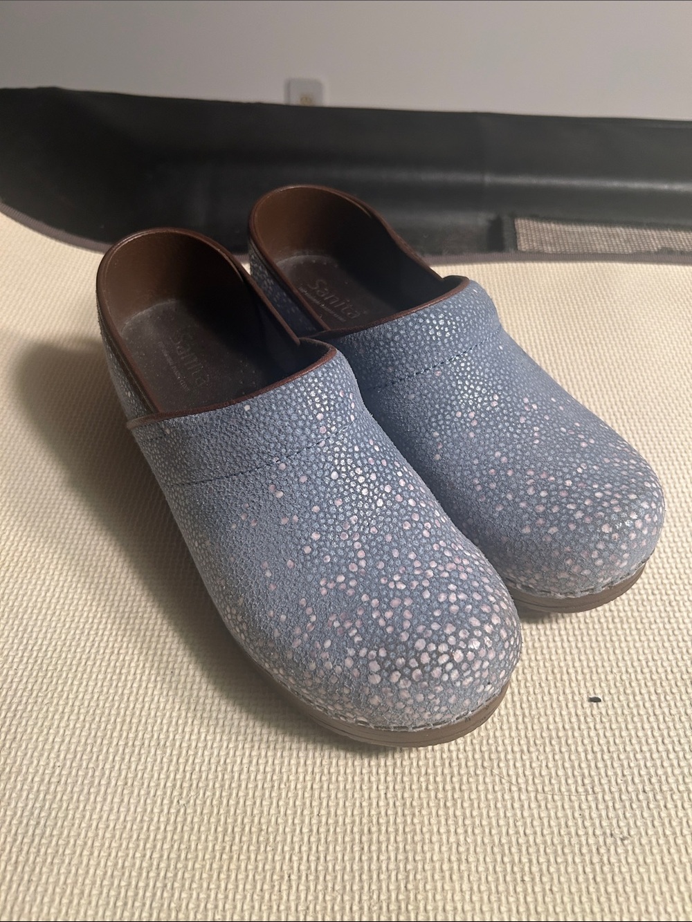 Sanita Blue Speckled Clogs with Subtle Pink Accents